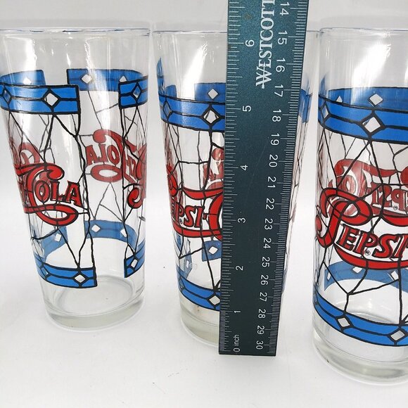 Vintage 1970s set of 4 Pepsi Cola Tumblers Drinking Glasses stained glass style - Picture 7 of 10